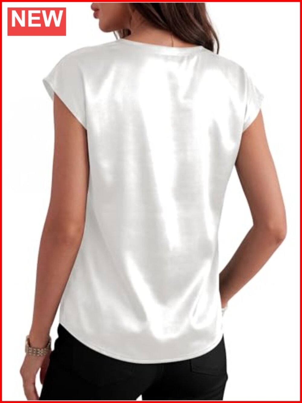 Silky Satin Cap Sleeve Blouse Crew Neck Womens Dressy Business Casual Office Top - Picture 5 of 6